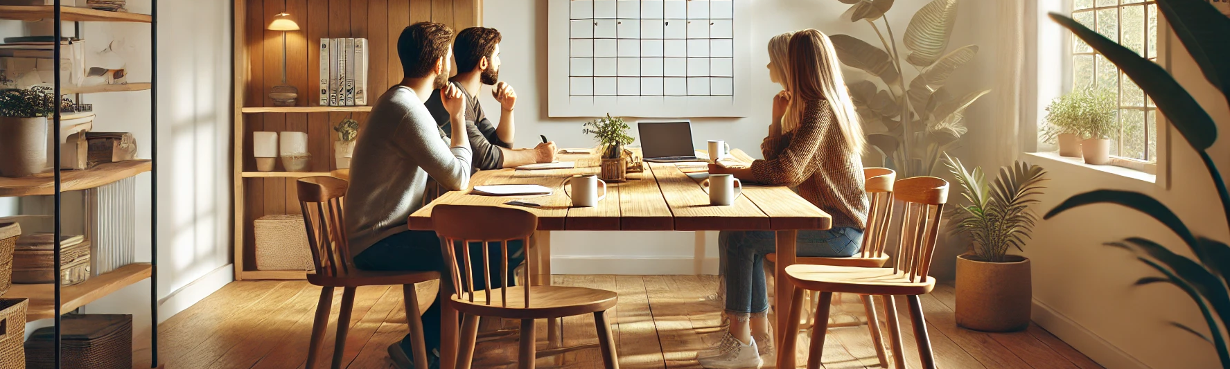 event planning image, people at table with wall calendar