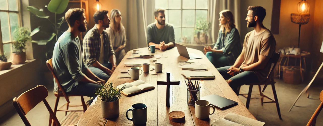 Team meeting around wood table